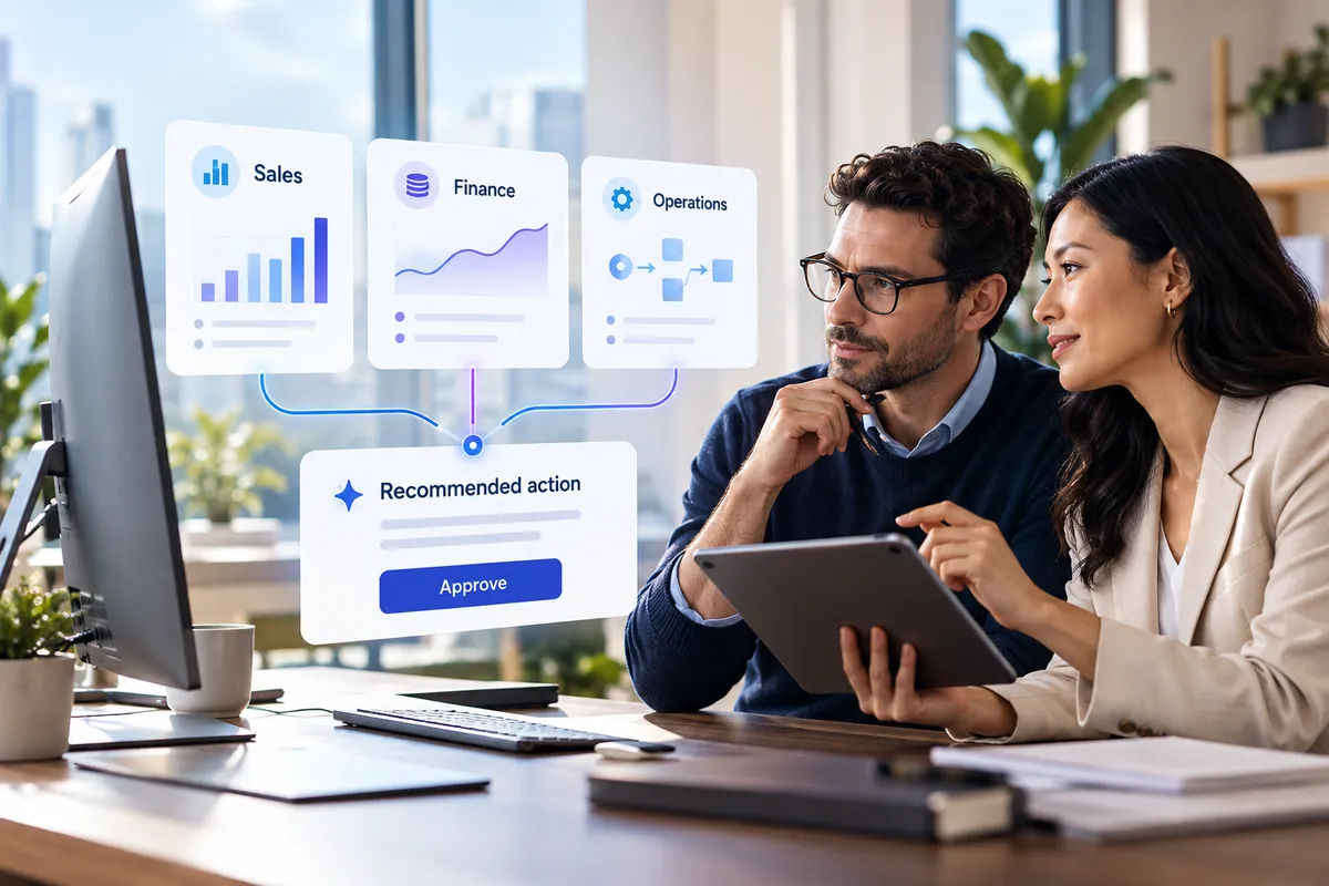 Two colleagues review AI-generated sales, finance and operations insights, with a recommended action ready to approve